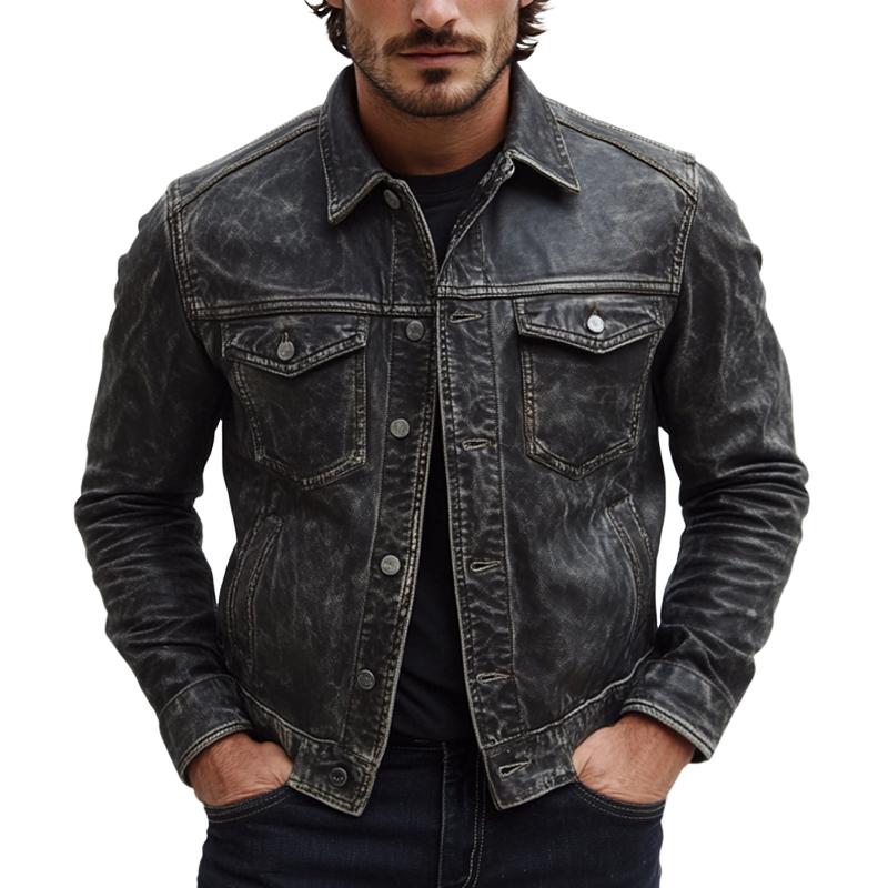 Men's Vintage Distressed Button Leather Jacket 9272270225592