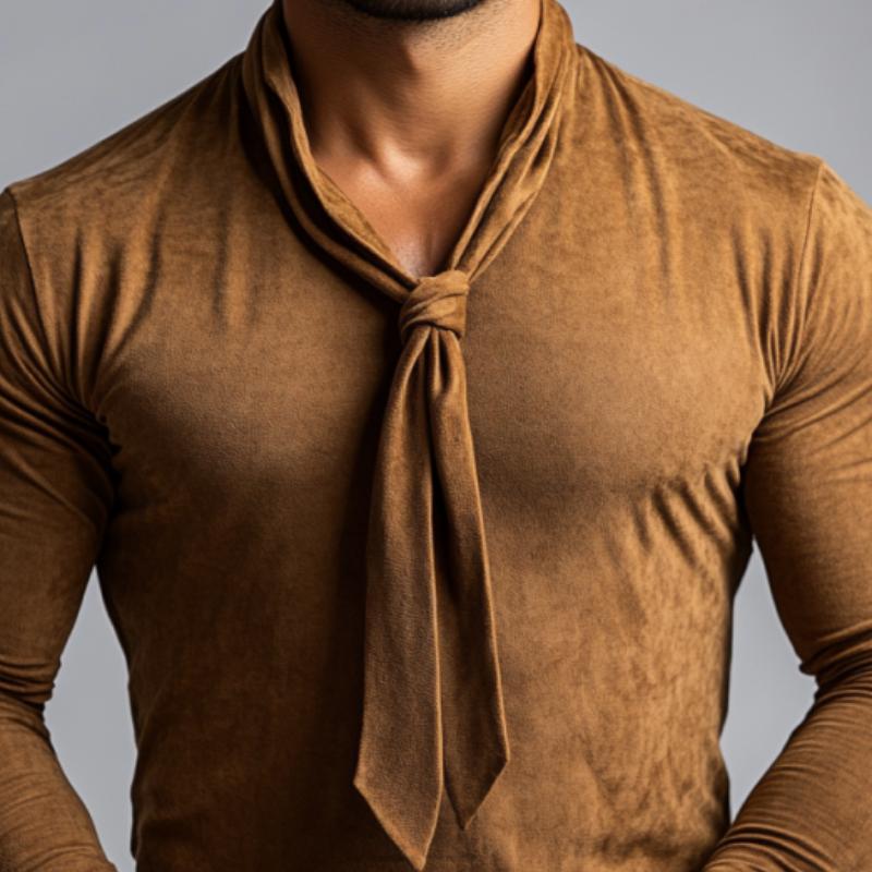 Men's Classic Casual V-Neck Shapeable Bow Tie Suede Long Sleeve T-Shirt 9886820171960
