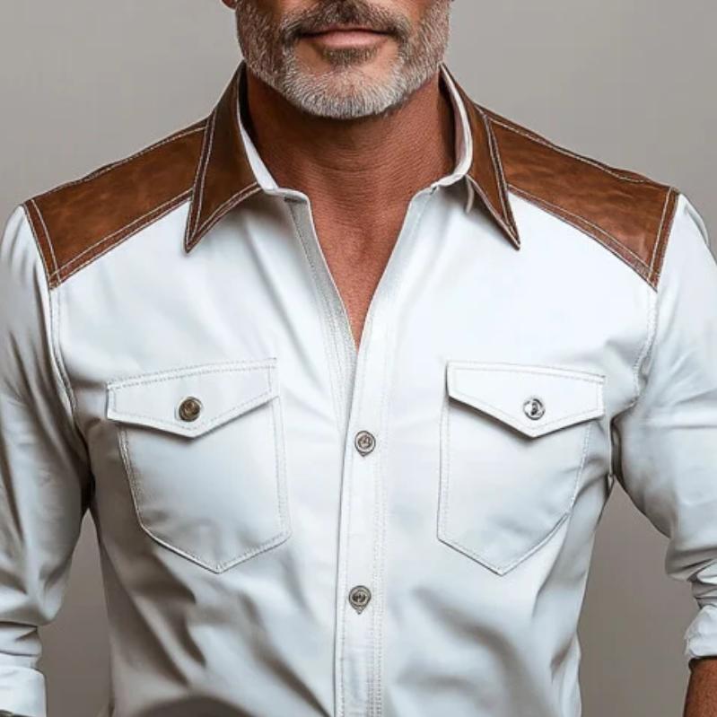 Men's Fashion Paneled Leather Collar Double Chest Pockets Long Sleeve Shirt 9883356528824