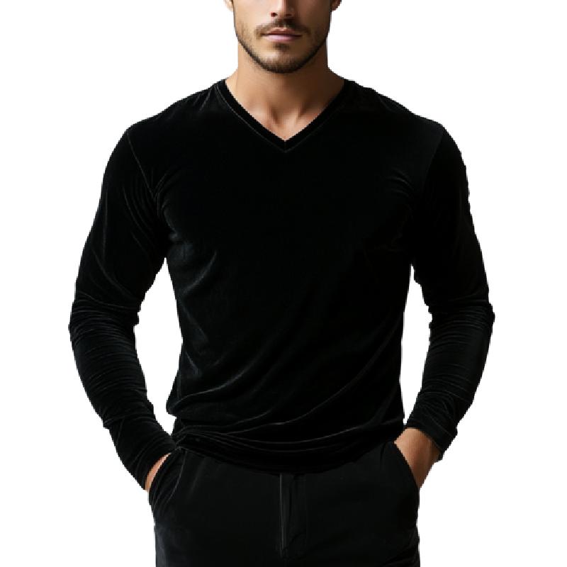 Men's Casual V-neck Slim Velvet Long Sleeve T-shirt 9271925670072