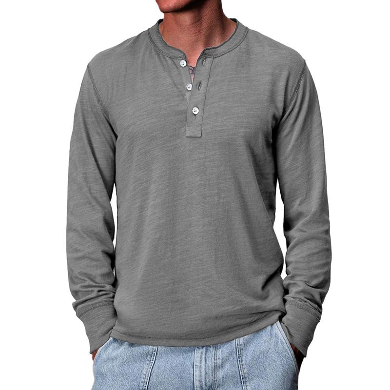 Men's Solid Loose Henley Collar Long Sleeve Casual T-shirt 9274152091832