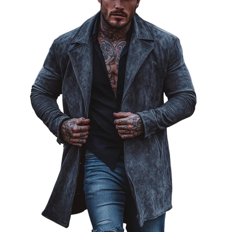 Men's Solid Color Suede Lapel Mid-Length Windbreaker Trench Coat 9261101940920