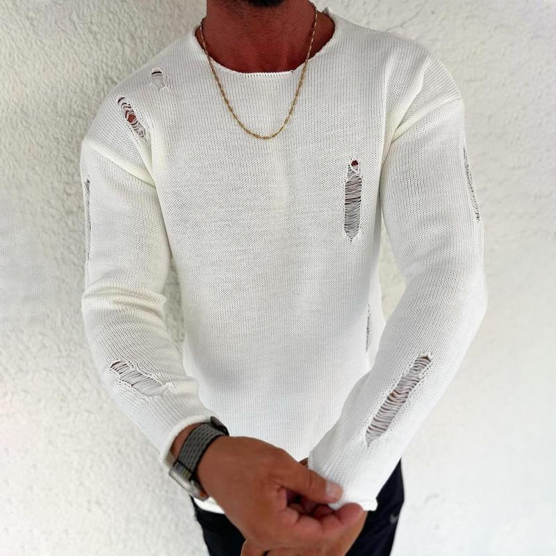Men's Fashion Solid Color Holes Round Neck Long Sleeve Knit Sweater 9268188512440