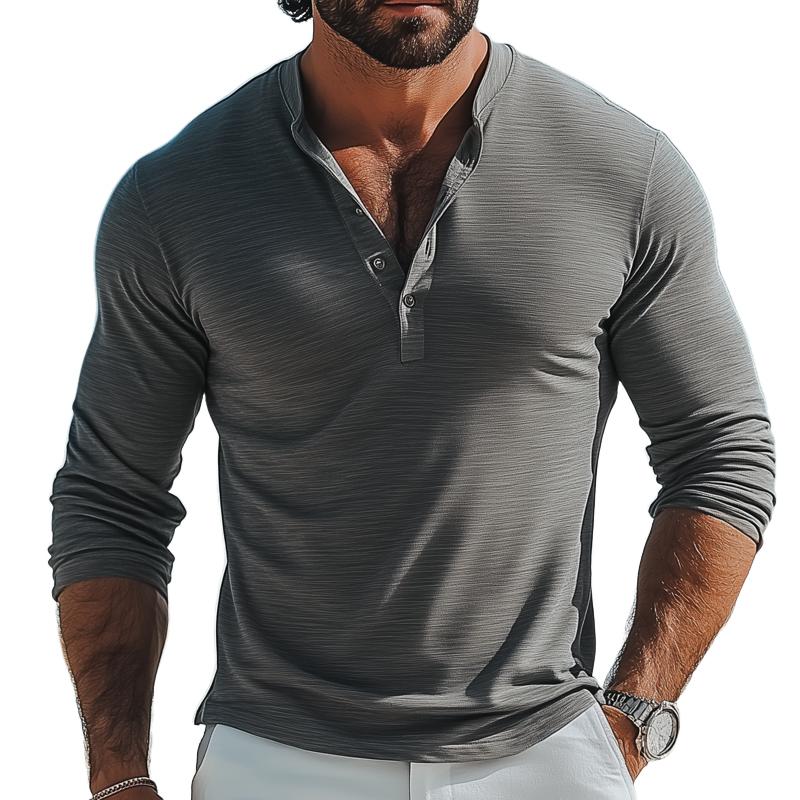 Men's Fashion Solid Color Henley Collar Long Sleeve Casual T-shirt 9884640641208