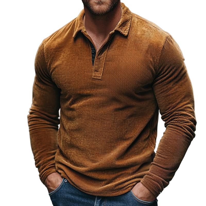 Men's Vintage Casual Corduroy Lapel Long Sleeve T-Shirt 9261141754040