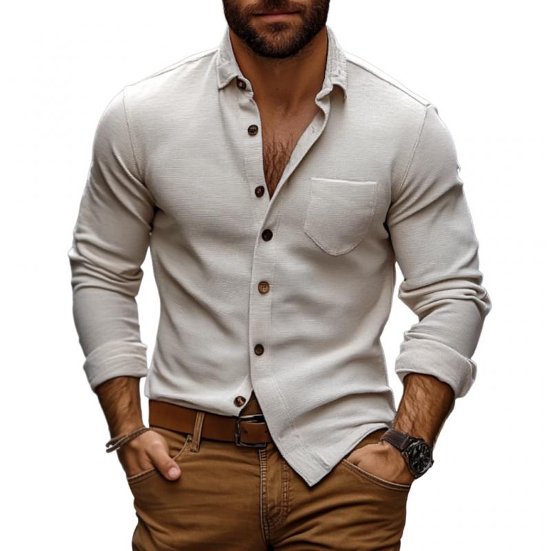 Men's Casual Cotton Linen Blended Lapel Slim Fit Long Sleeve Shirt 9877214986424