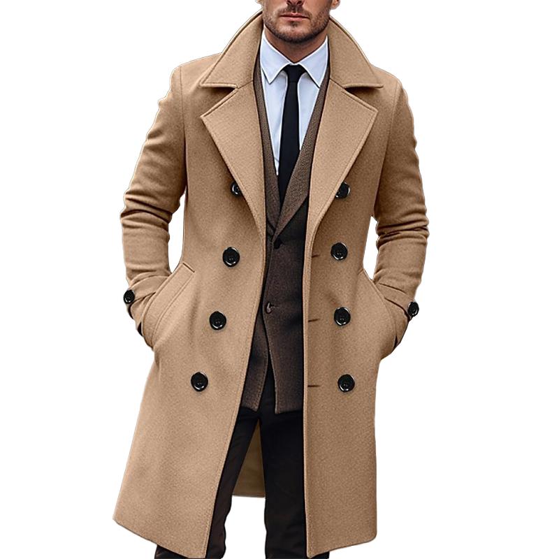 Men's Solid Notch Lapel Double Breasted Long Coat 9261100990648