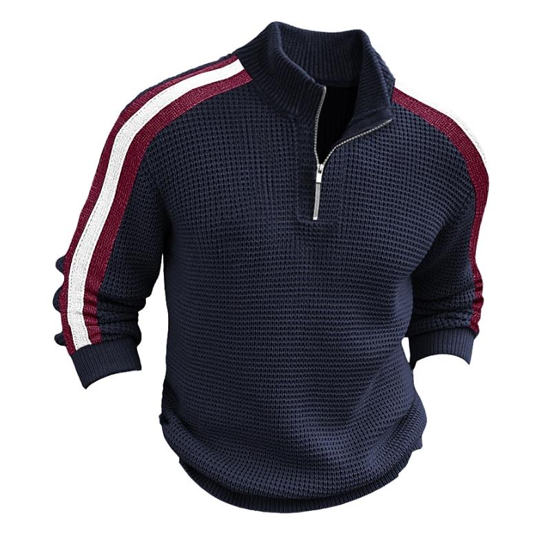 Men's Casual Colorblock Zipper Stand Collar Long Sleeve Sweater 9262178992312