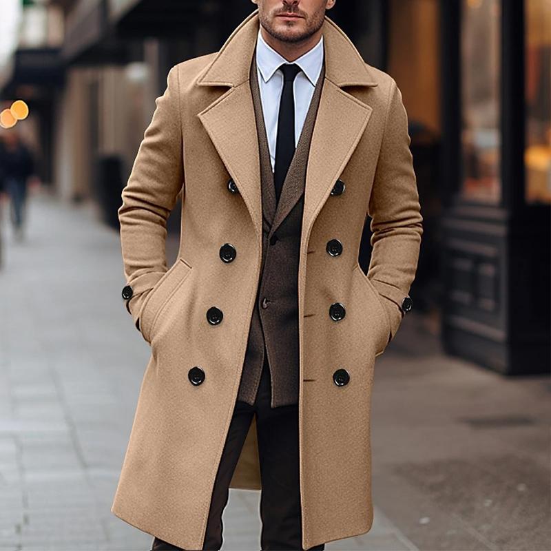 Men's Solid Notch Lapel Double Breasted Long Coat 9261100990648