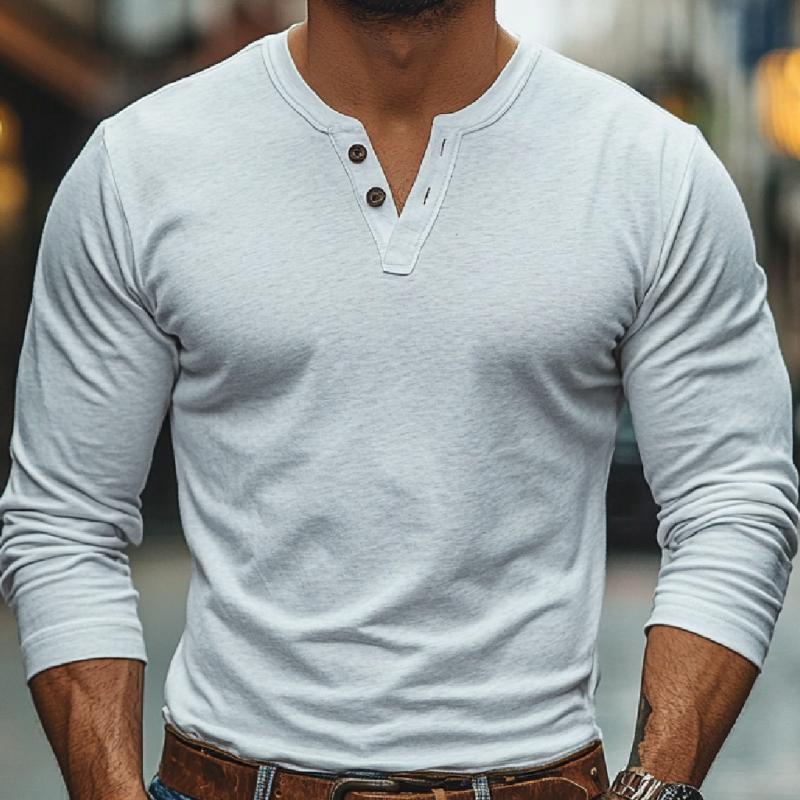 Men's Casual Solid Color Cotton V-neck Slim Fit Long Sleeve T-shirt 9274151862456