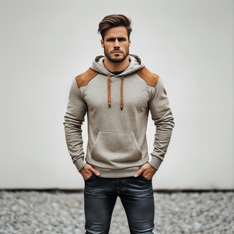 Men's Fashion Cotton Suede Patchwork Slim Fit Kangaroo Pocket Hoodie 9271920853176