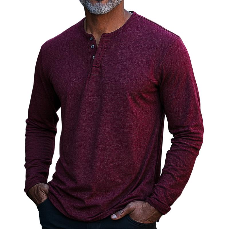 Men's Classic Burgundy Henley Collar Long Sleeve T-Shirt 9873521377464