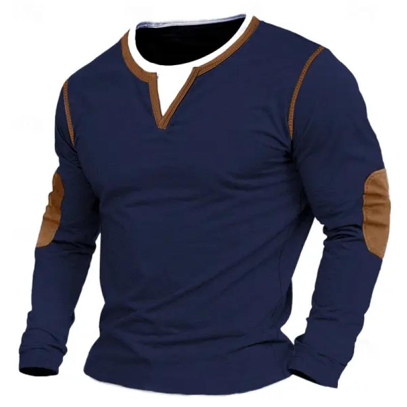 Men's Fashion Fake Two-Piece V-Neck Colorblock Slim Fit Long Sleeve T-Shirt 9883355513016