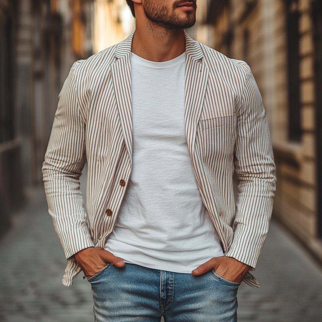 Men's Casual Striped Notch Lapel Single-breasted Loose Blazer 9273156862136