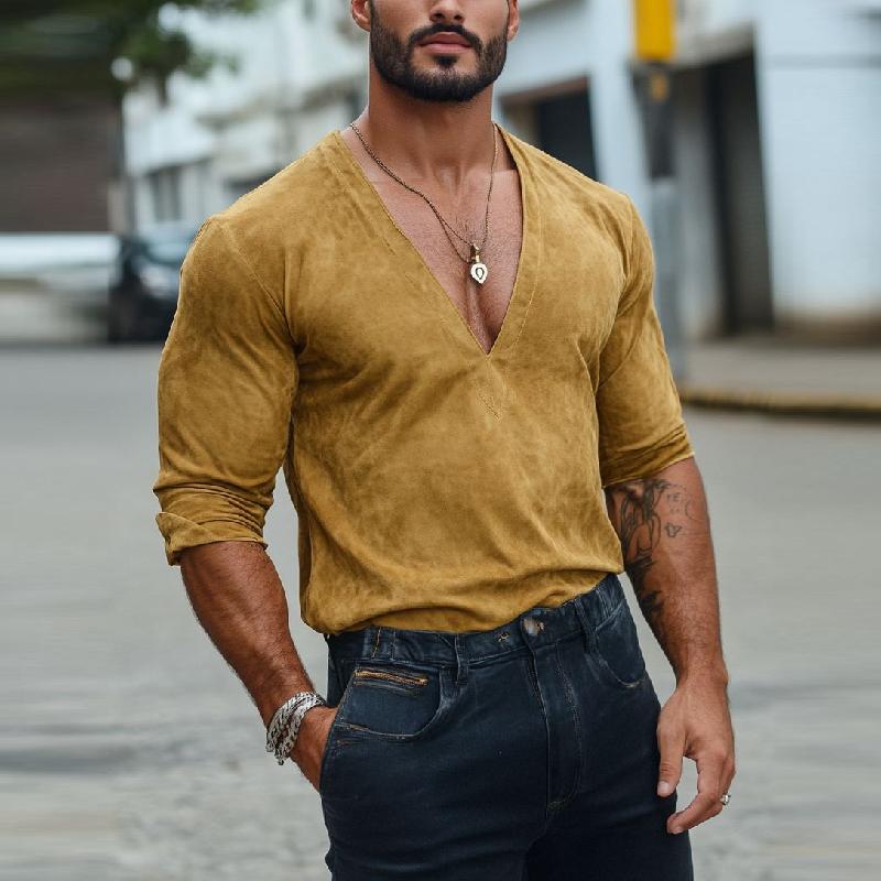 Men's Fashion Suede V-Neck Slim Fit Long Sleeve T-Shirt 9879659511992