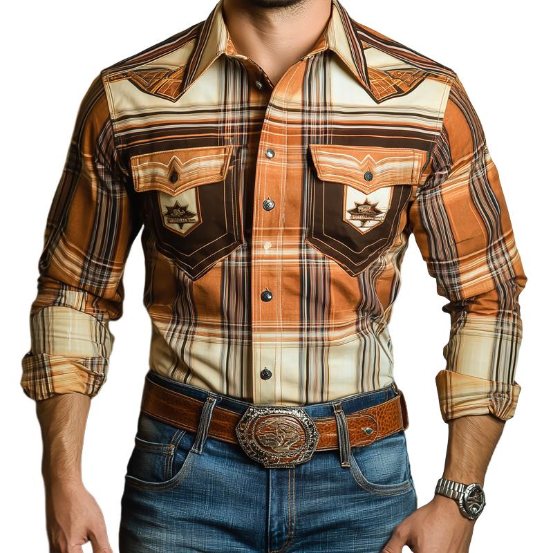 Men's Western Style Graphic Lapel Chest Pocket Long Sleeve Shirt 9877216886968