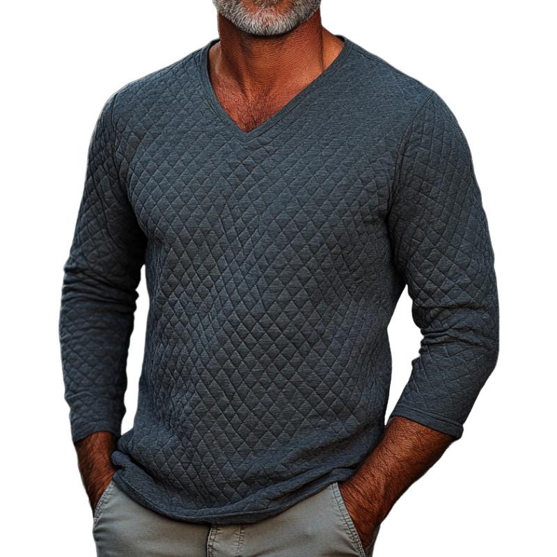 Men's Classic V-Neck Quilted Padded Warm Long Sleeve T-Shirt 9873140482232