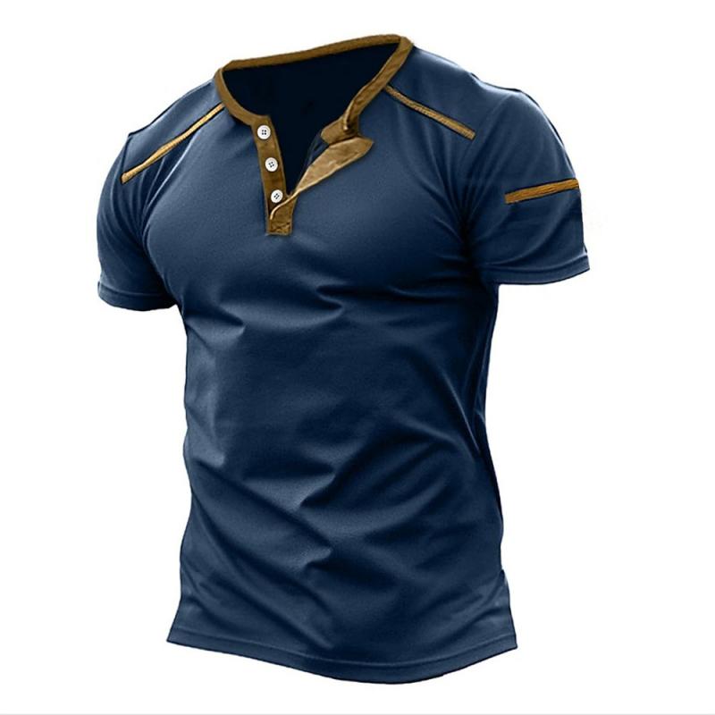 Men's Color Block Henley Collar Short Sleeve T-Shirt 9261134610616