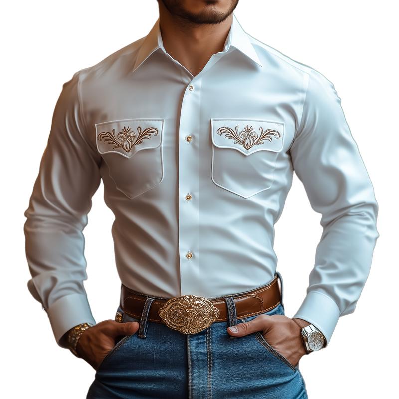 Men's Vintage Embroidered Pockets Lapel Long Sleeve Shirt 9877216919736
