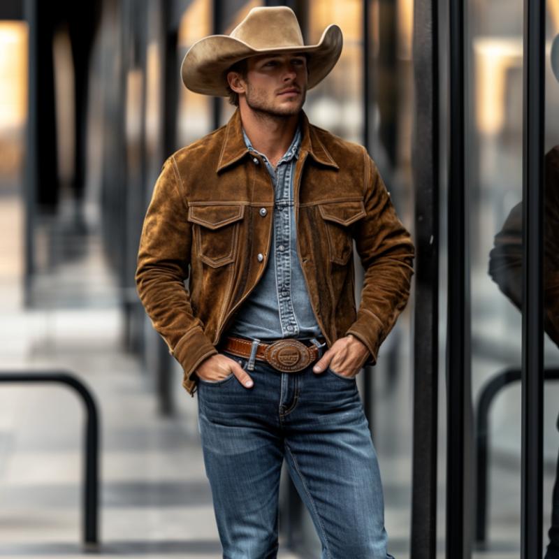 Men's Vintage Classic Western Denim Multi-Pocket Lapel Slim Suede Jacket 9261091193016