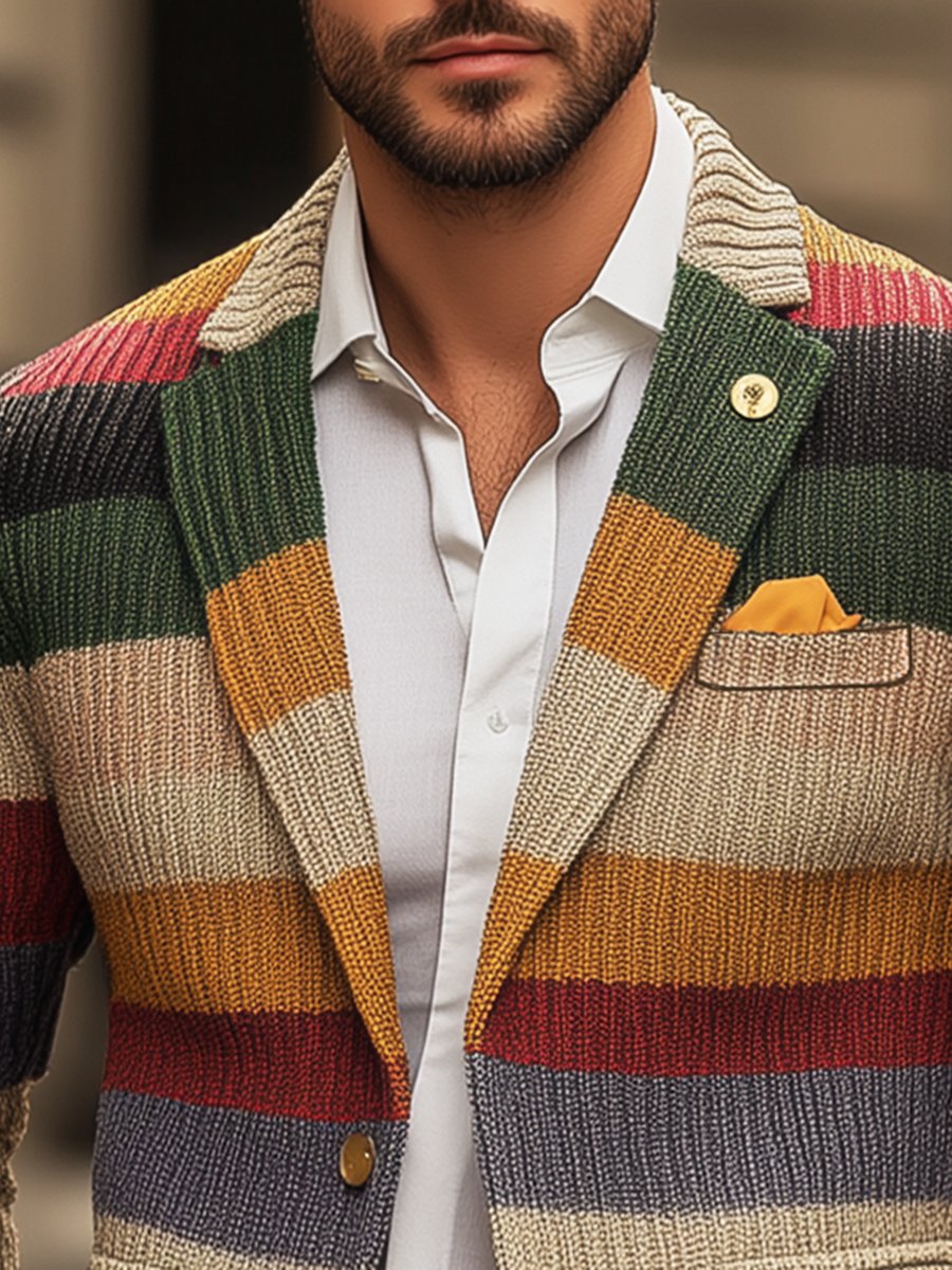 Men's Casual Rainbow Striped Lapel Long Sleeve Knit Cardigan 9888734314680