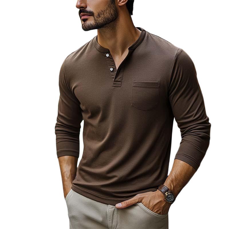 Men's Classic Casual V-Neck Pocket Cotton Long Sleeve T-Shirt 9877215281336