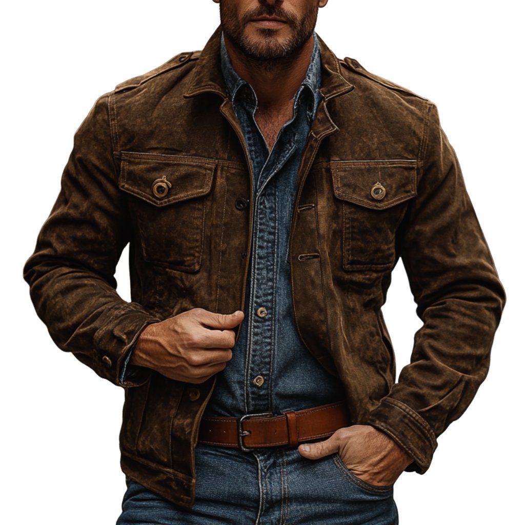 Men's Vintage Suede Lapel Single Breasted Slim Fit Multi-Pocket Jacket 9879142596792
