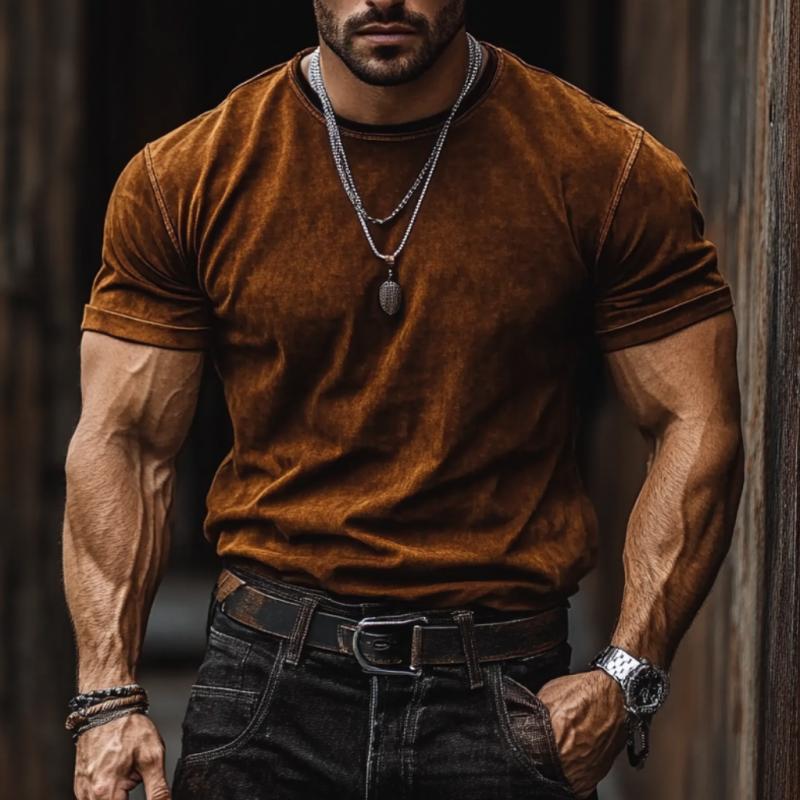 Men's Vintage Suede Round Neck Slim Short Sleeve T-Shirt 9877644148920