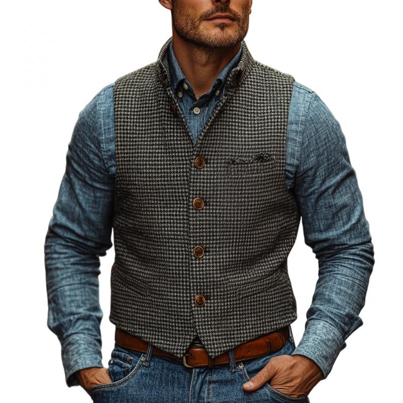 Men's Vintage Stand Collar Houndstooth Single Breasted Slim Vest 9273157484728