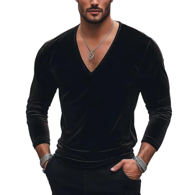 Men's Fashion Velvet V Neck Slim Fit Long Sleeve T-Shirt 9883356364984