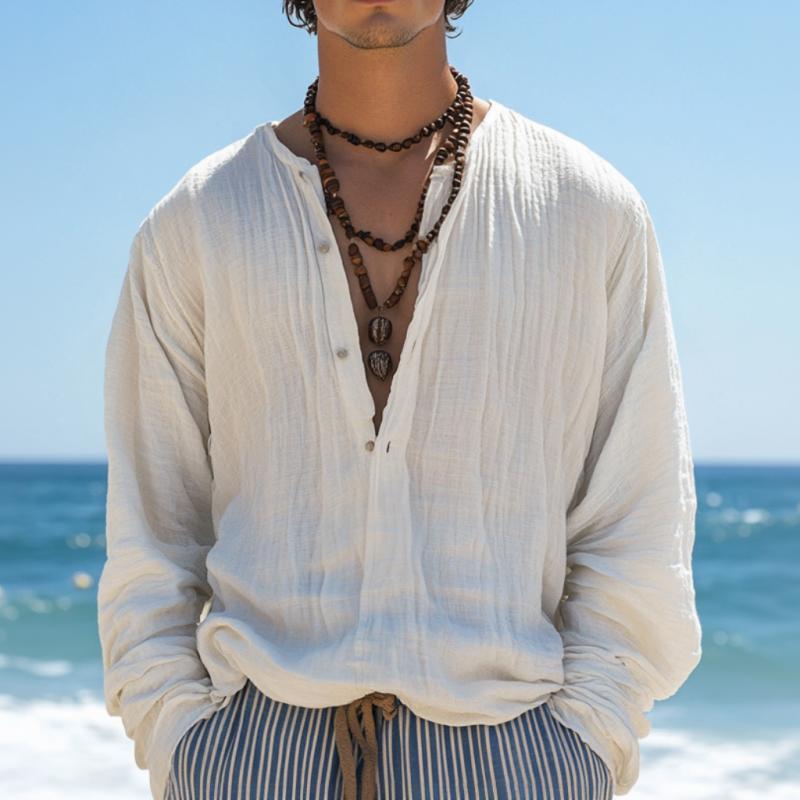 Men's Casual Cotton Linen Button Pullover Loose Long Sleeve Shirt 9887360876728