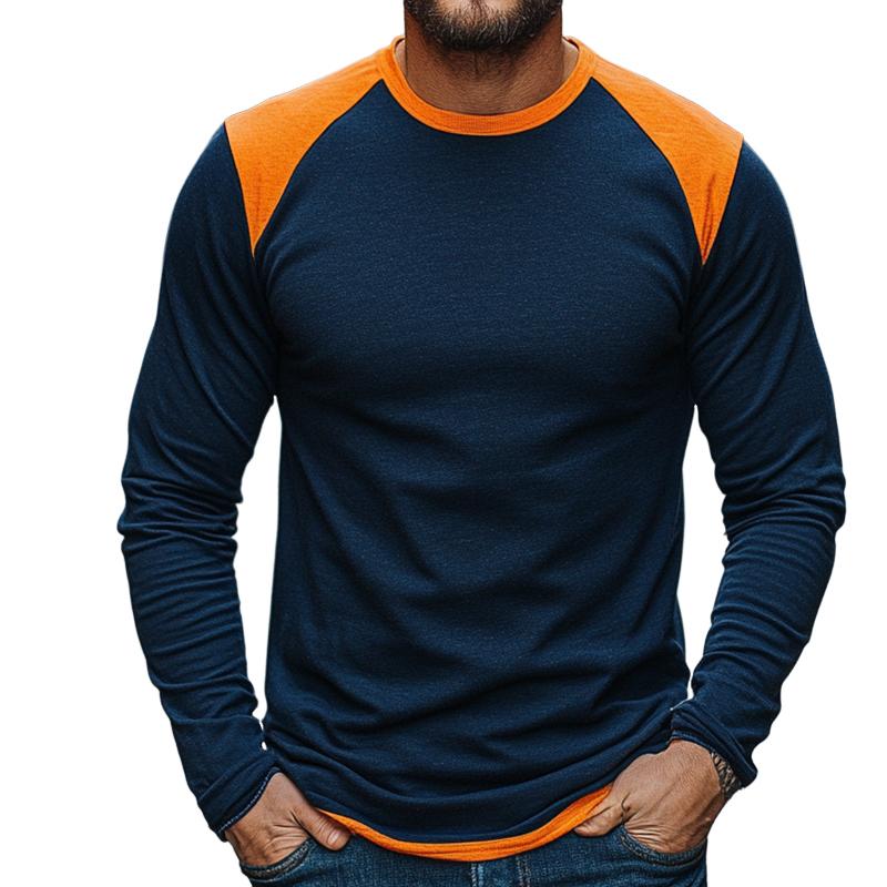 Men's Retro Casual Colorblock Round Neck Long Sleeve T-Shirt 9267507986616