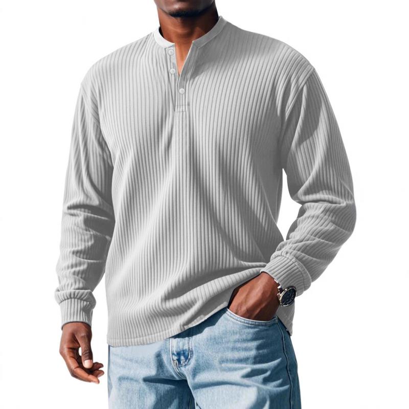 Men's Solid Striped Henley Collar Long Sleeve T-shirt 9261139230904