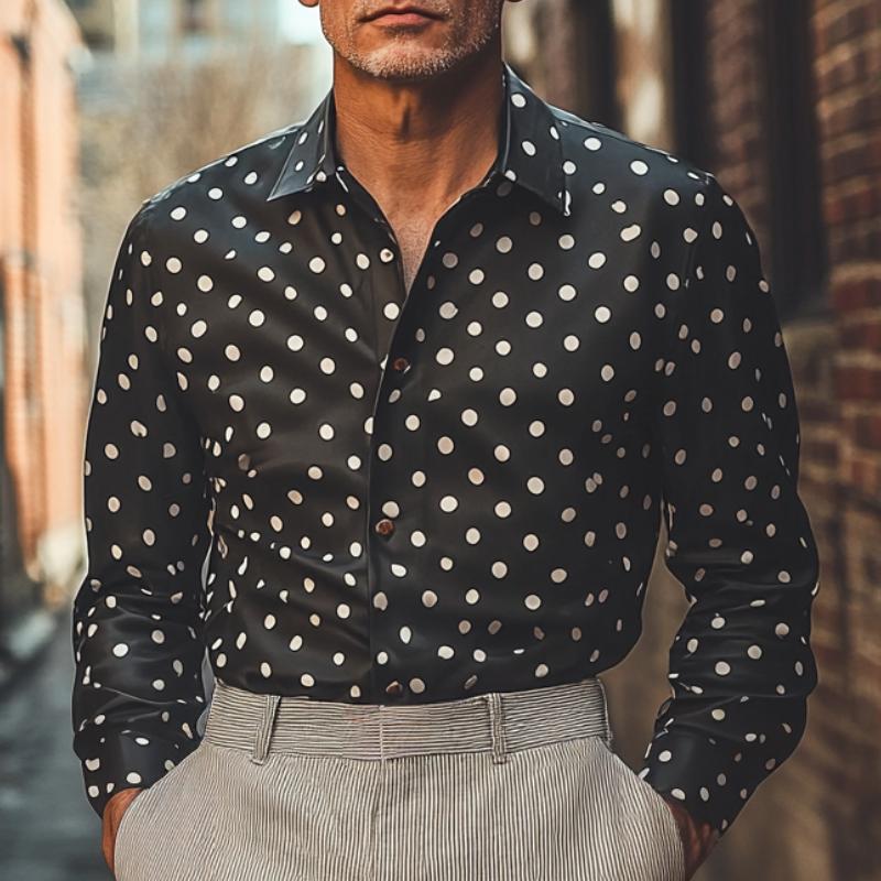 Men's Casual Leather Polka Dot Lapel Long Sleeve Shirt 9877643788472